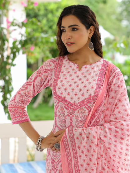 Ethnic Printed & Embroidered Kurta with Pant & Pure Cotton Dupatta - Pink