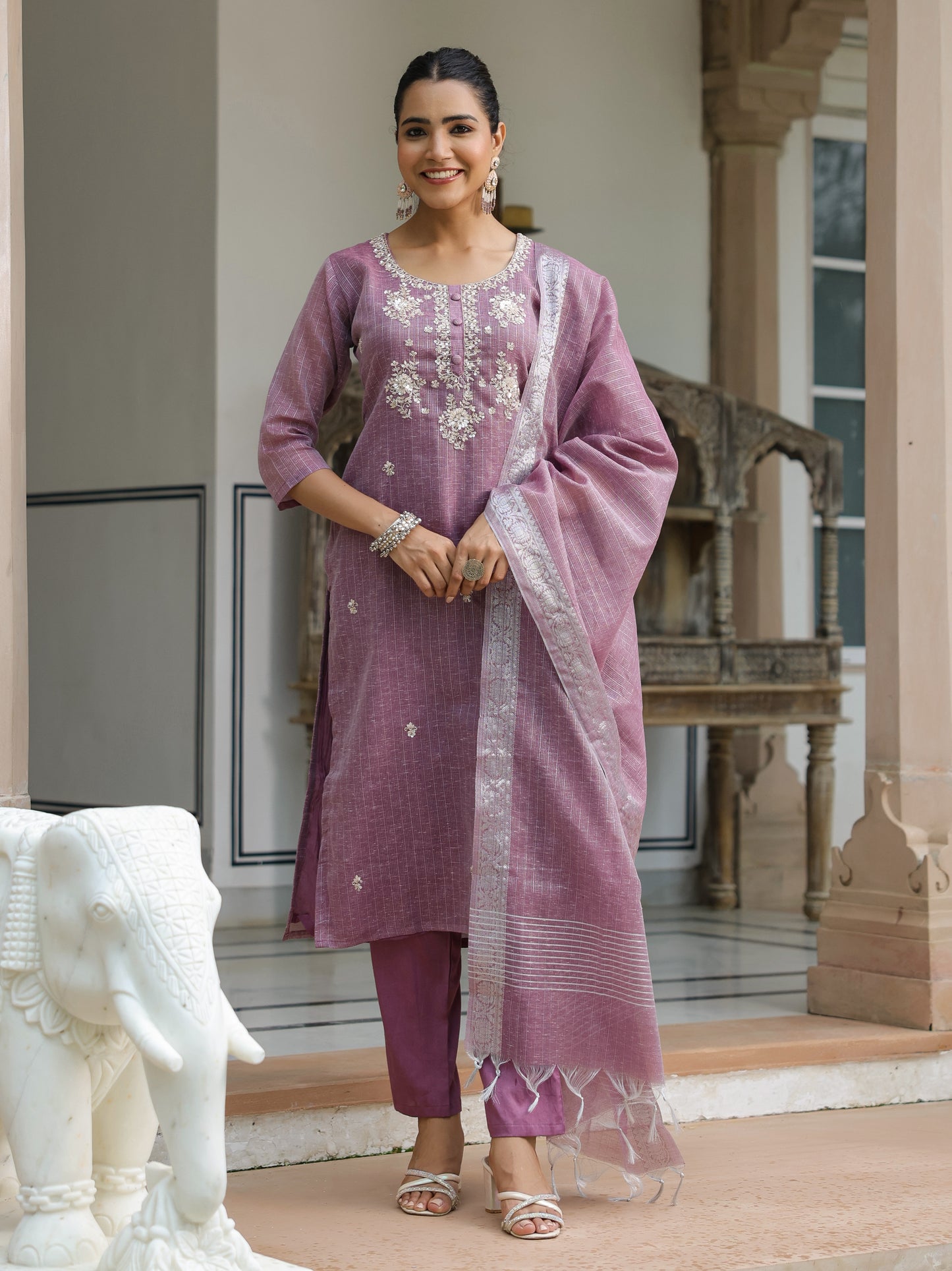 Shimmer Sequins & Cutdana Embroidered Kurta with Pants & Dupatta - Purple