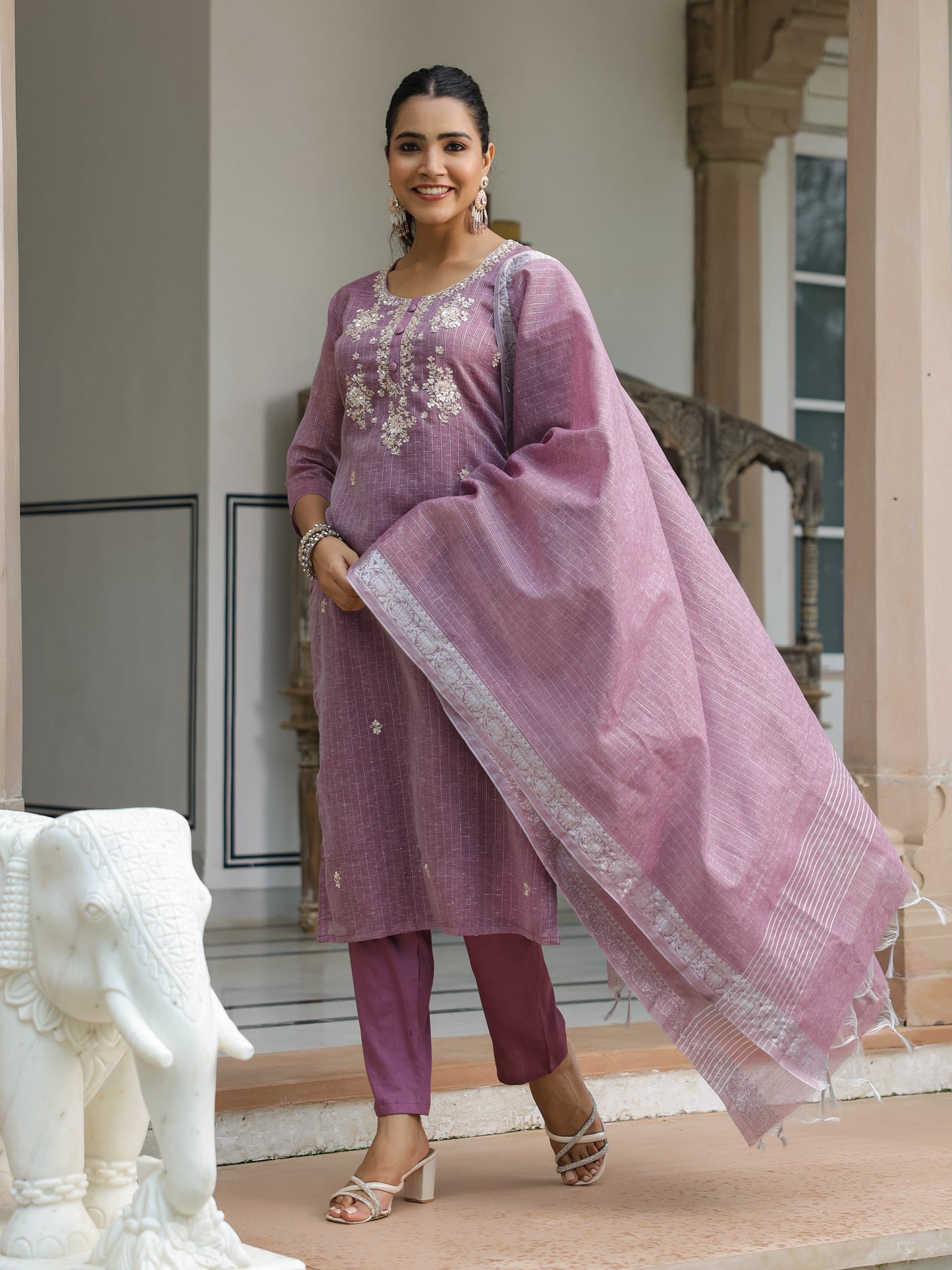 Shimmer Sequins & Cutdana Embroidered Kurta with Pants & Dupatta - Purple