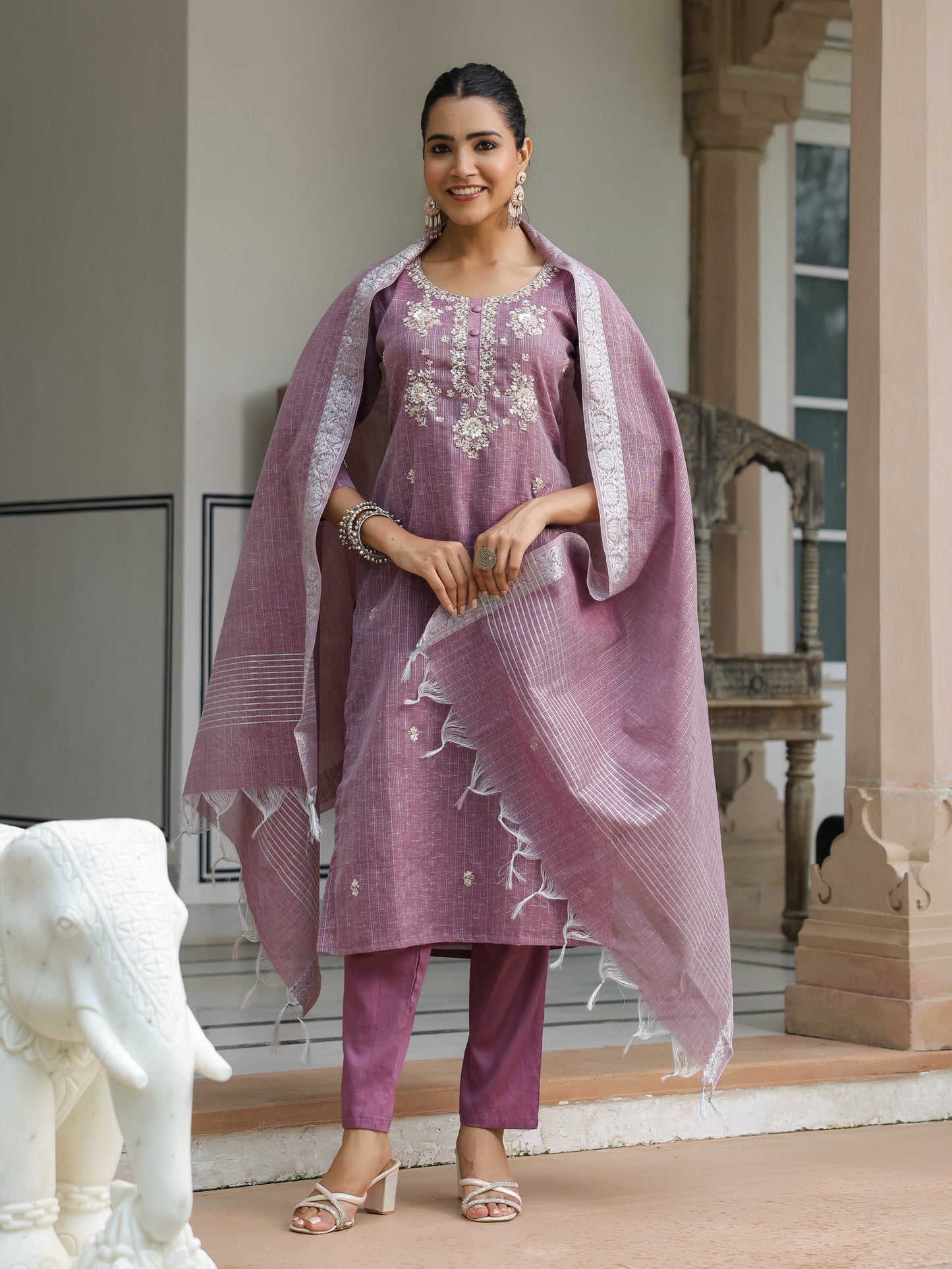 Shimmer Sequins & Cutdana Embroidered Kurta with Pants & Dupatta - Purple