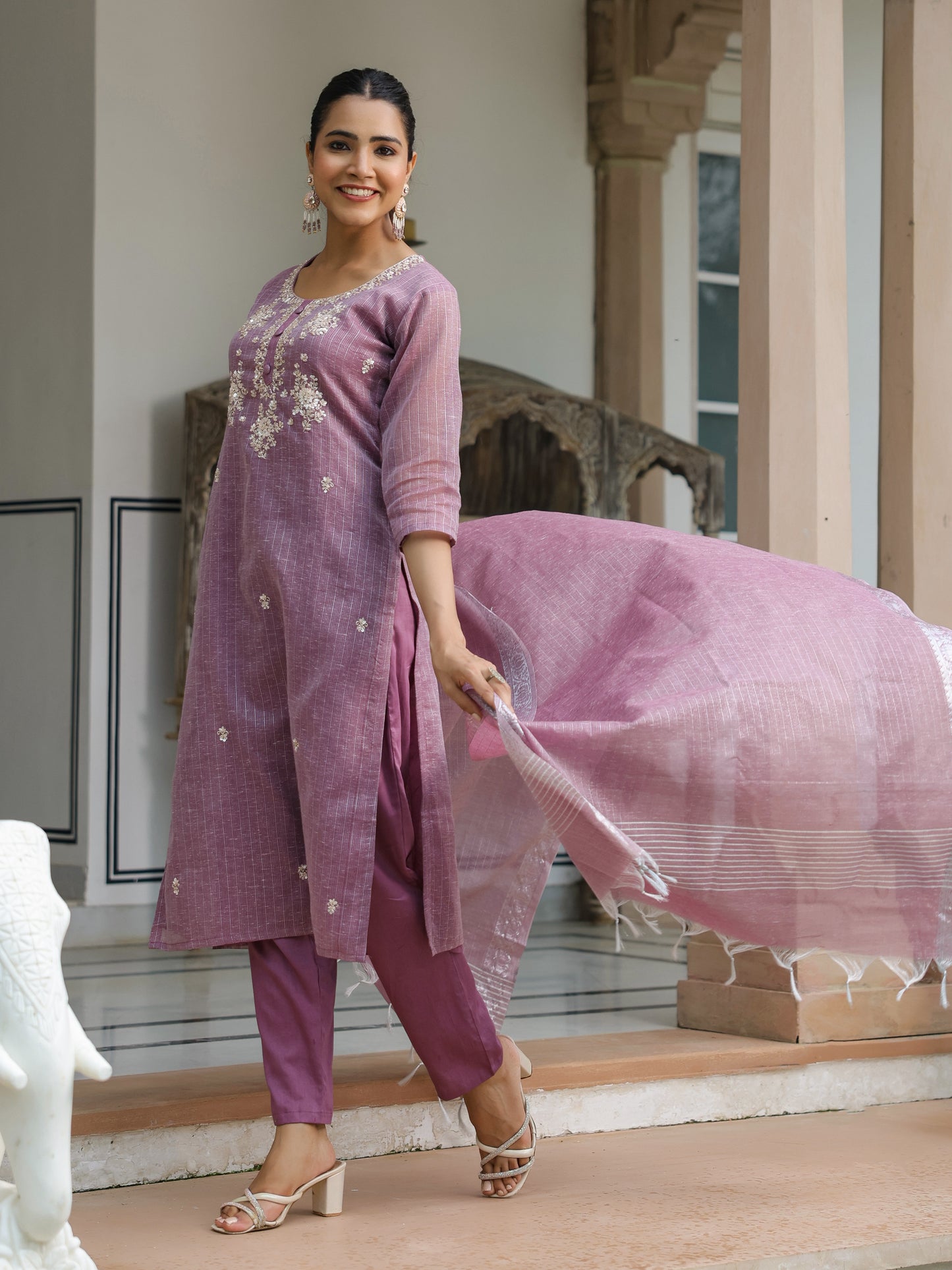 Shimmer Sequins & Cutdana Embroidered Kurta with Pants & Dupatta - Purple