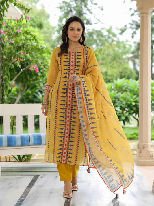 Geometric Printed Straight Fit Kurta with Pant & Dupatta - Yellow