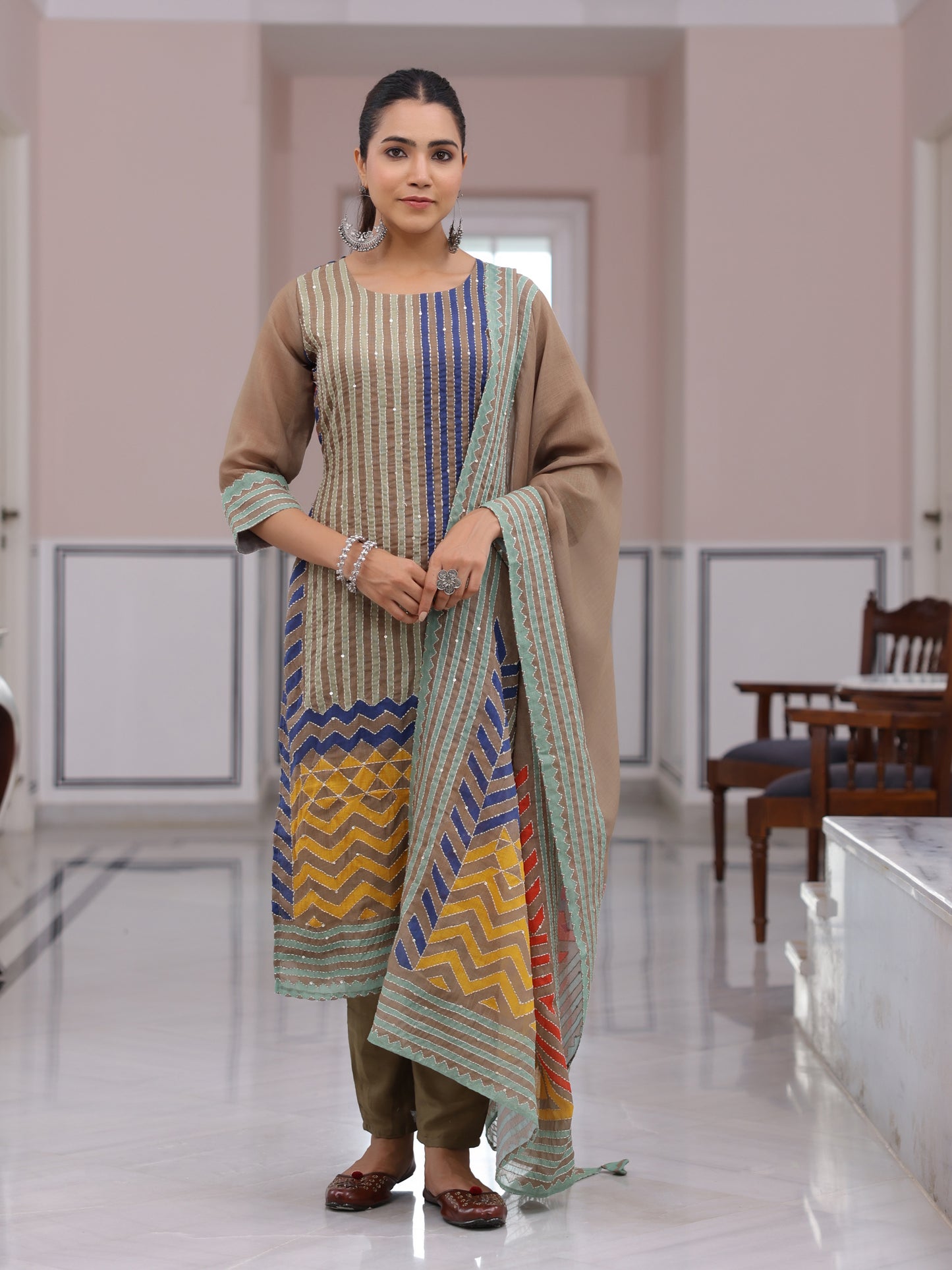 Geometric Printed Straight Fit Kurta with Pant & Dupatta - Mustard Green