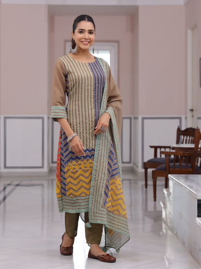 Geometric Printed Straight Fit Kurta with Pant & Dupatta - Mustard Green