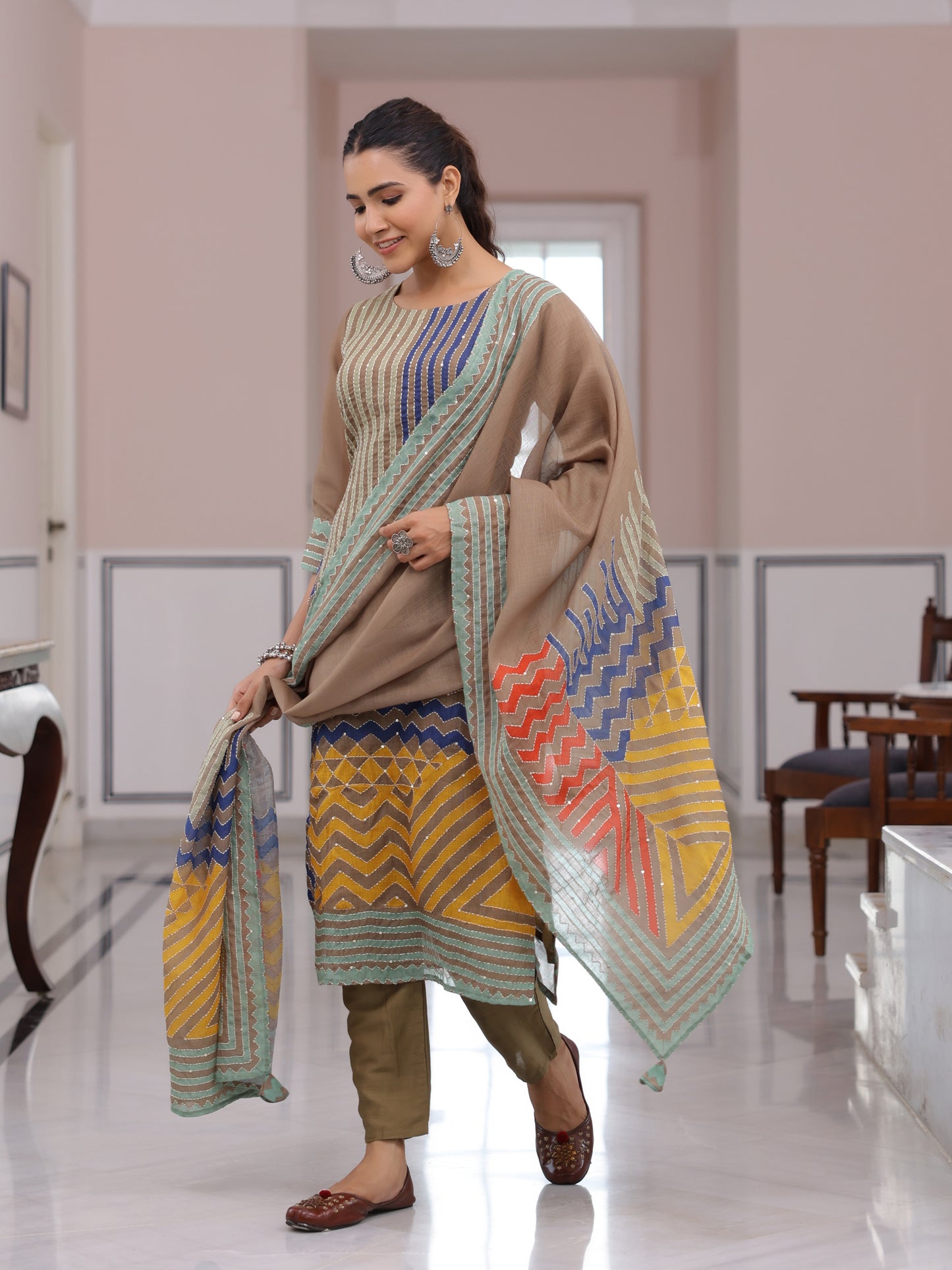 Geometric Printed Straight Fit Kurta with Pant & Dupatta - Mustard Green