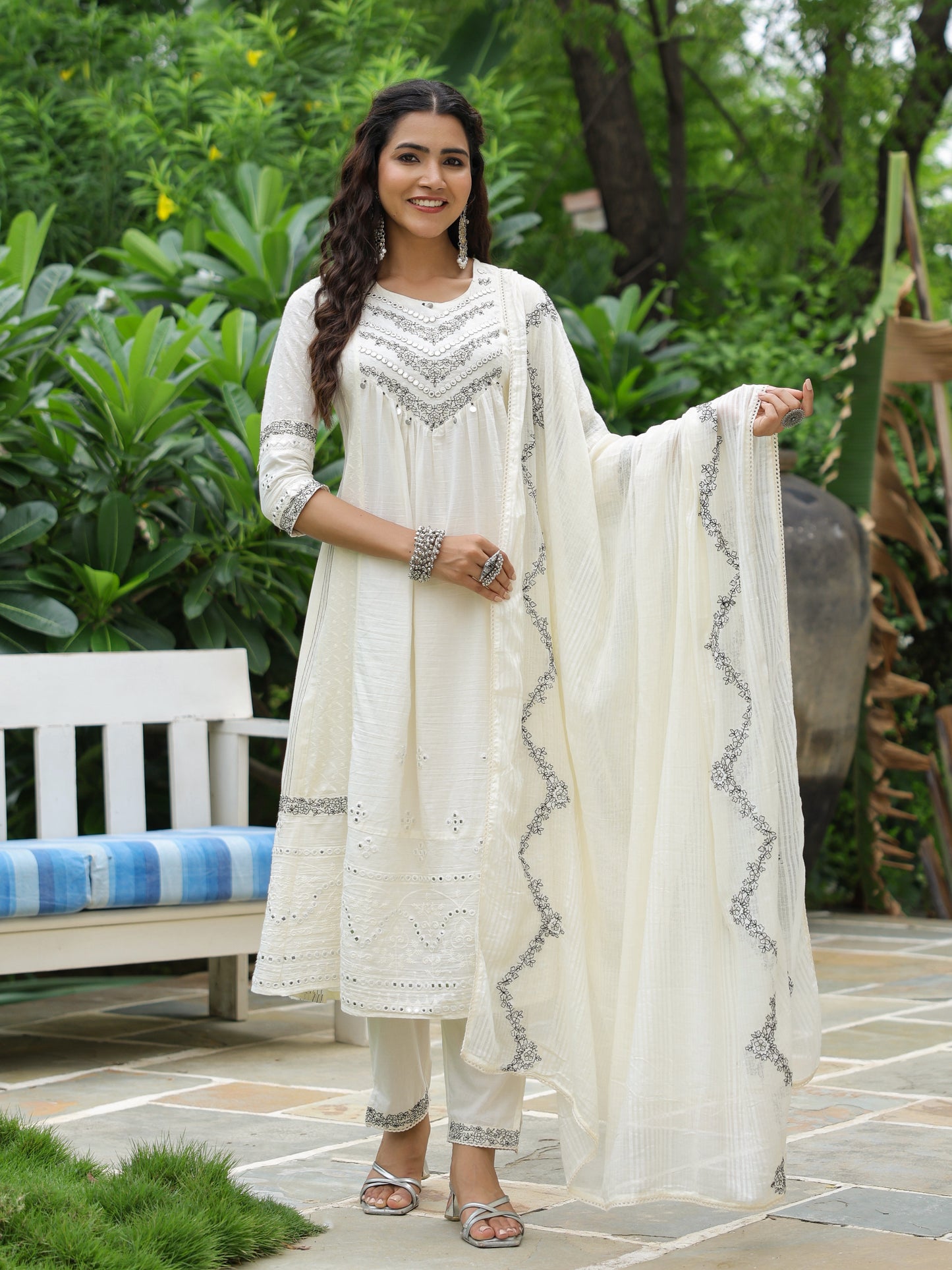 Ethnic Floral Embroidered A-Line Pleated Kurta with Pant & Dupatta - Cream