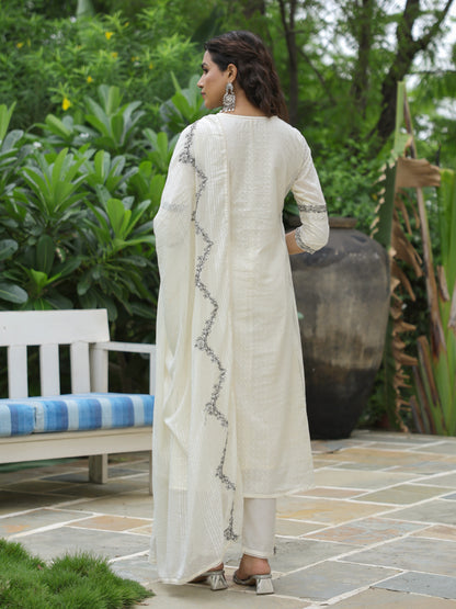 Ethnic Floral Embroidered A-Line Pleated Kurta with Pant & Dupatta - Cream