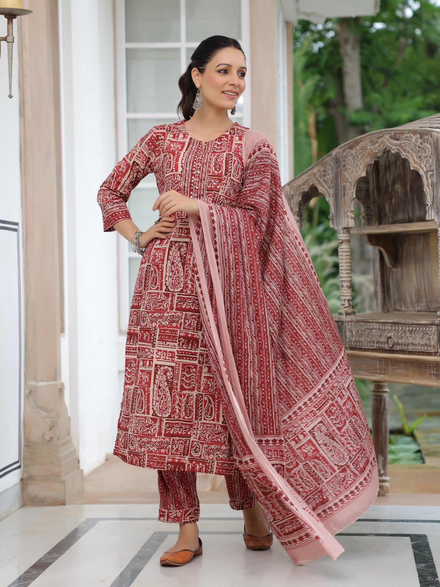 Ethnic Printed Straight Fit Kurta with Pant & Dupatta - Maroon