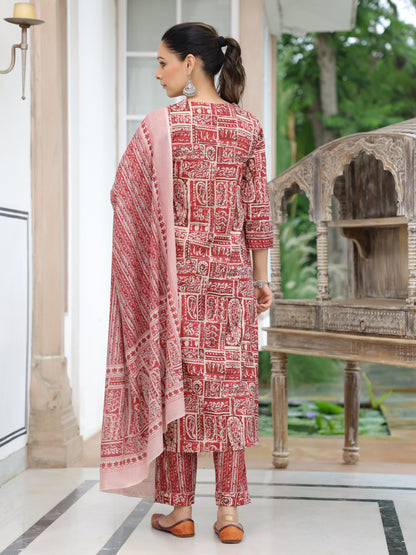 Ethnic Printed Straight Fit Kurta with Pant & Dupatta - Maroon