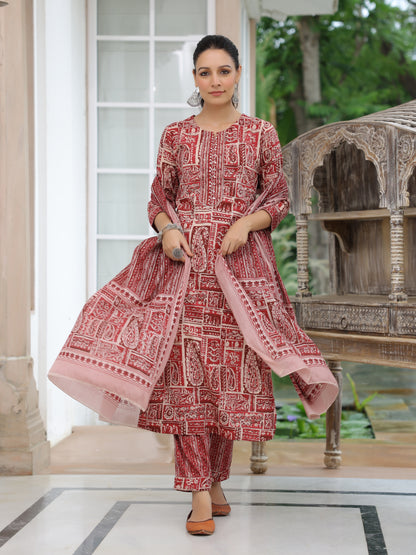 Ethnic Printed Straight Fit Kurta with Pant & Dupatta - Maroon