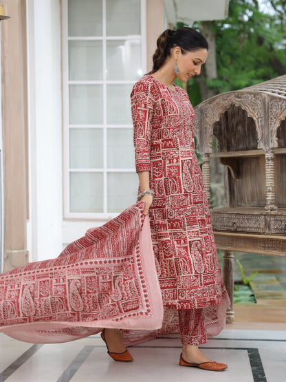 Ethnic Printed Straight Fit Kurta with Pant & Dupatta - Maroon