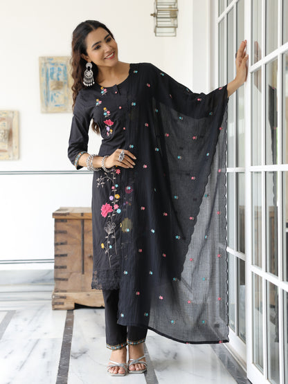 Solid Floral Embroidered Straight Kurta with Pant & Pure Cotton Dupatta - Black
