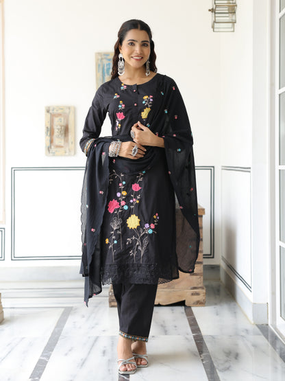 Solid Floral Embroidered Straight Kurta with Pant & Pure Cotton Dupatta - Black