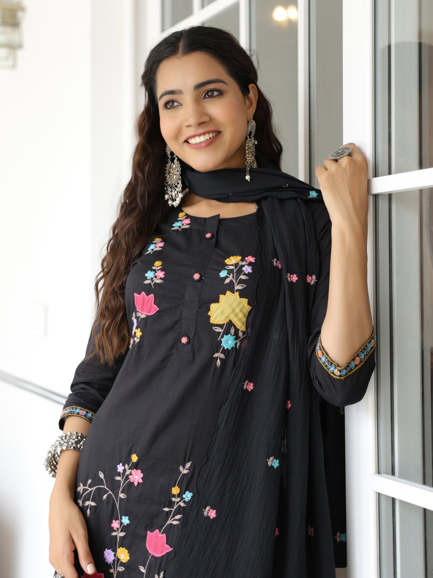Solid Floral Embroidered Straight Kurta with Pant & Pure Cotton Dupatta - Black