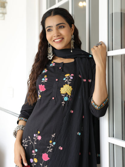 Solid Floral Embroidered Straight Kurta with Pant & Pure Cotton Dupatta - Black