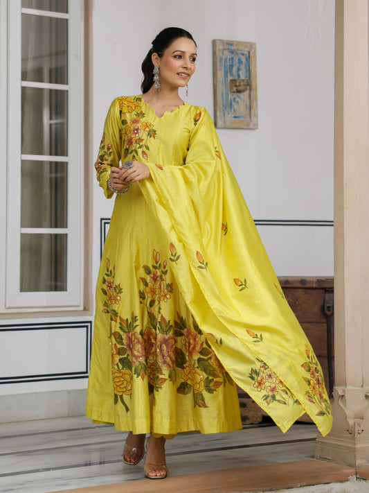 Floral Hand Brush Stroke Painted & Anarkali Kurta & Dupatta with Pant - Yellow