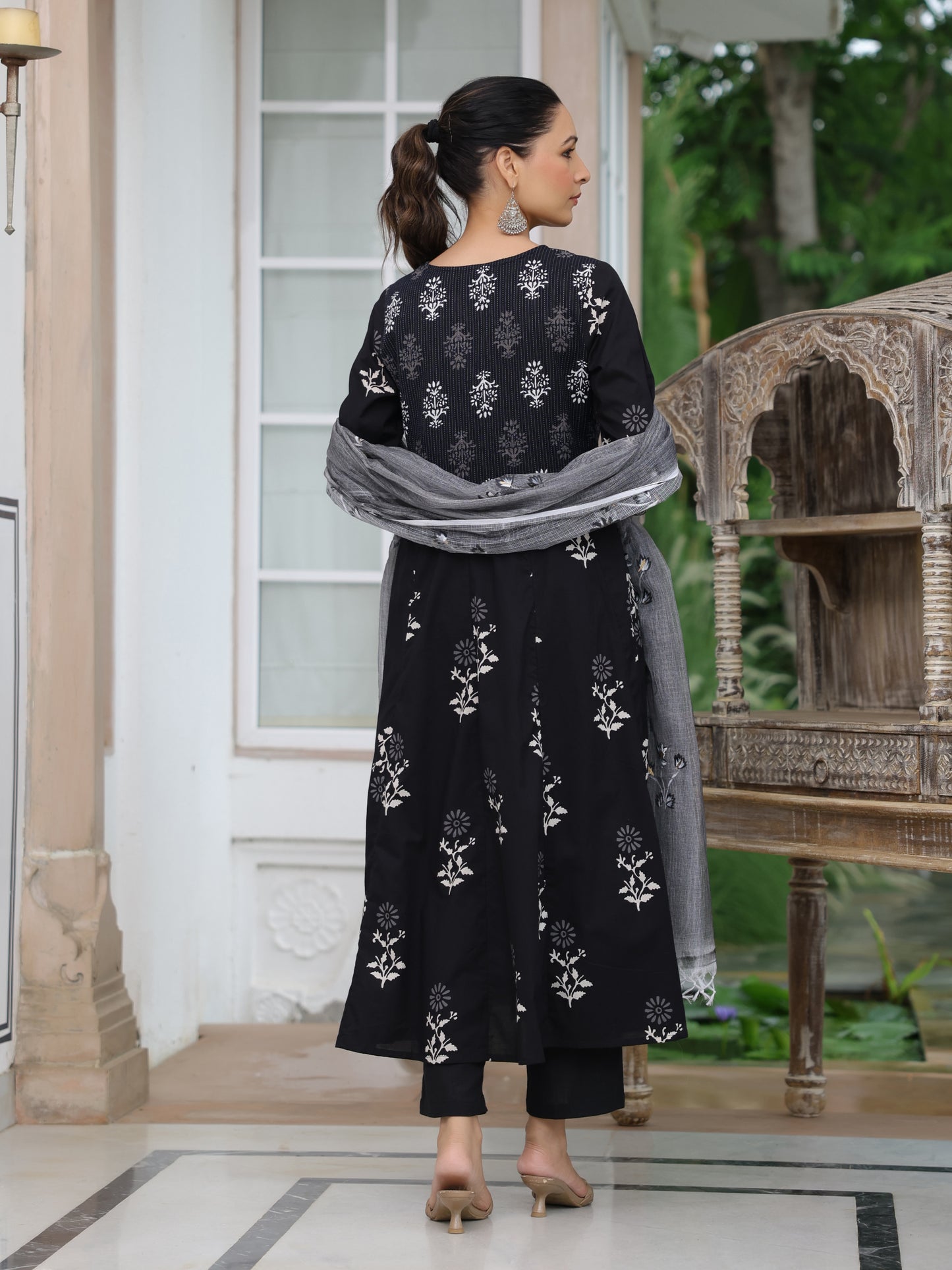 Ethnic Printed Anarkali Kurta with Pant & Hand Painted Dupatta - Black