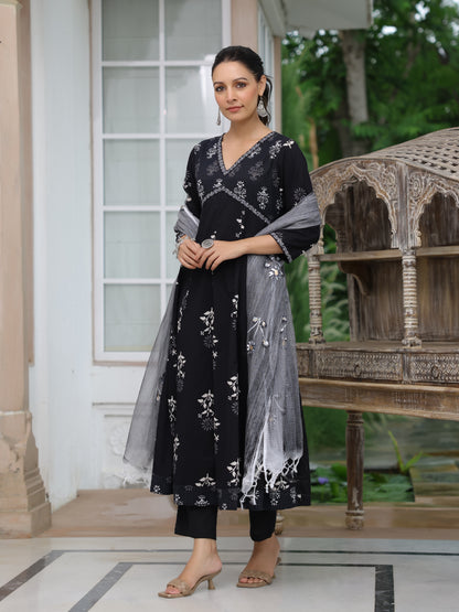 Ethnic Printed Anarkali Kurta with Pant & Hand Painted Dupatta - Black