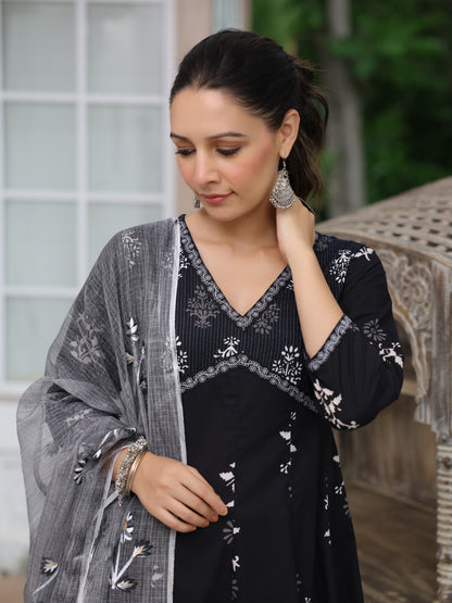 Ethnic Printed Anarkali Kurta with Pant & Hand Painted Dupatta - Black