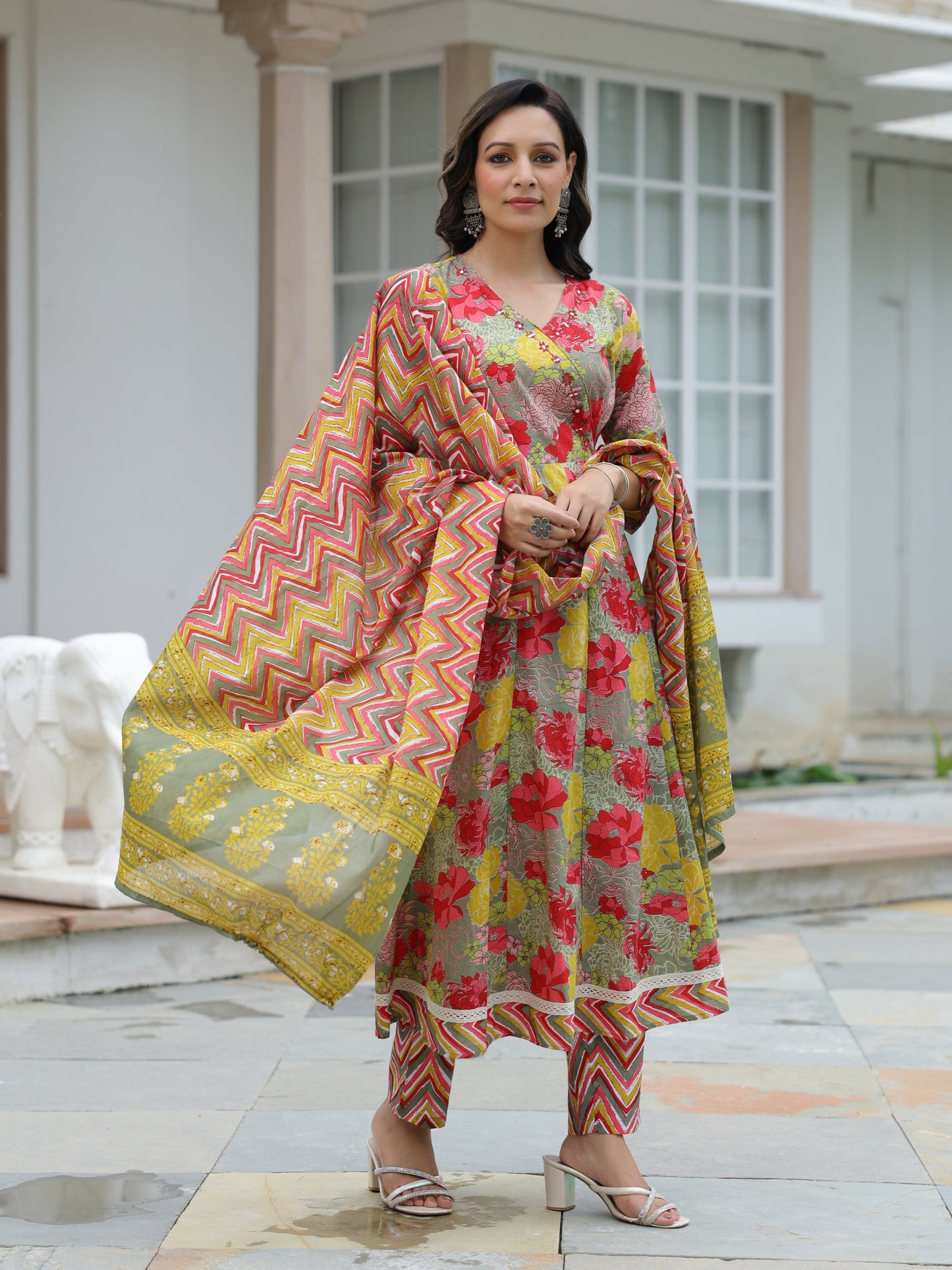 Floral Printed & Embroidered Anarkali Kurta with Pant & Pure Cotton Dupatta - Multi