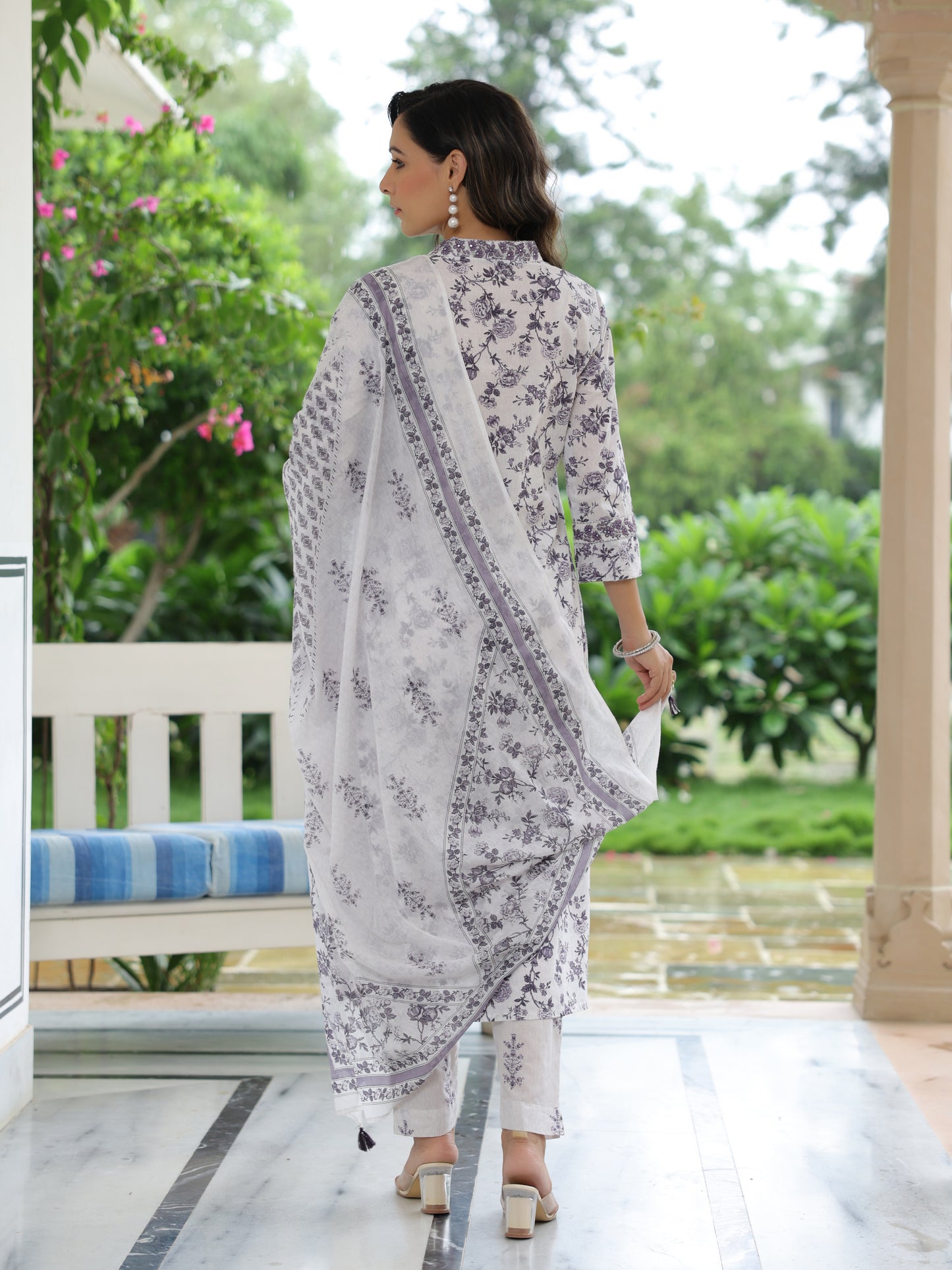 Floral Printed & Embroidered A-Line Kurta with Pant & Dupatta - Off White