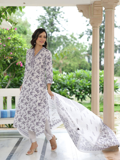 Floral Printed & Embroidered A-Line Kurta with Pant & Dupatta - Off White