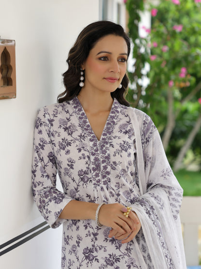 Floral Printed & Embroidered A-Line Kurta with Pant & Dupatta - Off White