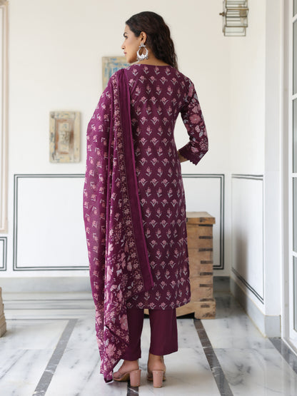 Floral Printed Mirror Embroidered Angrakha Style Kurta with Pants & Dupatta - Mauve