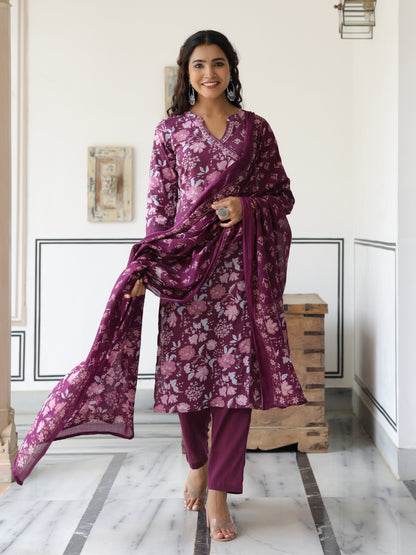 Floral Printed Mirror Embroidered Angrakha Style Kurta with Pants & Dupatta - Mauve