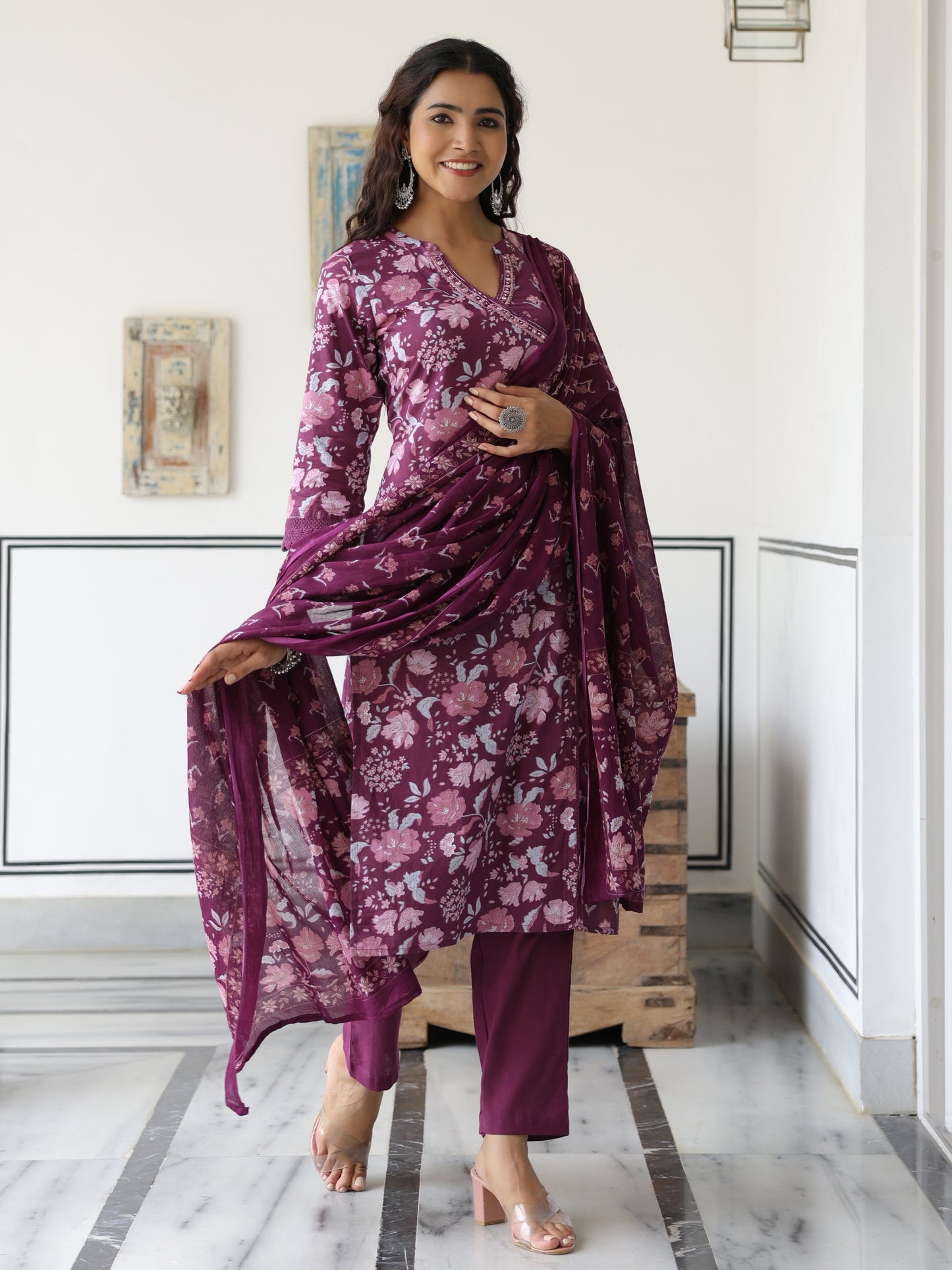 Floral Printed Mirror Embroidered Angrakha Style Kurta with Pants & Dupatta - Mauve