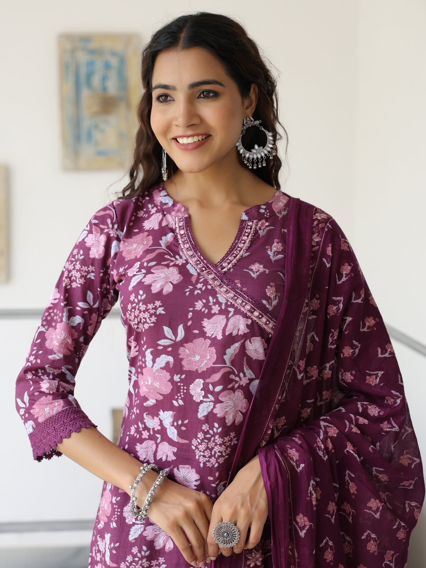 Floral Printed Mirror Embroidered Angrakha Style Kurta with Pants & Dupatta - Mauve