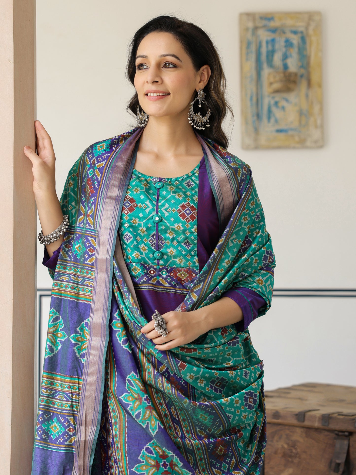 Dual Tone Straight Printed Kurta with Pant & Patola Printed Dupatta - Purple