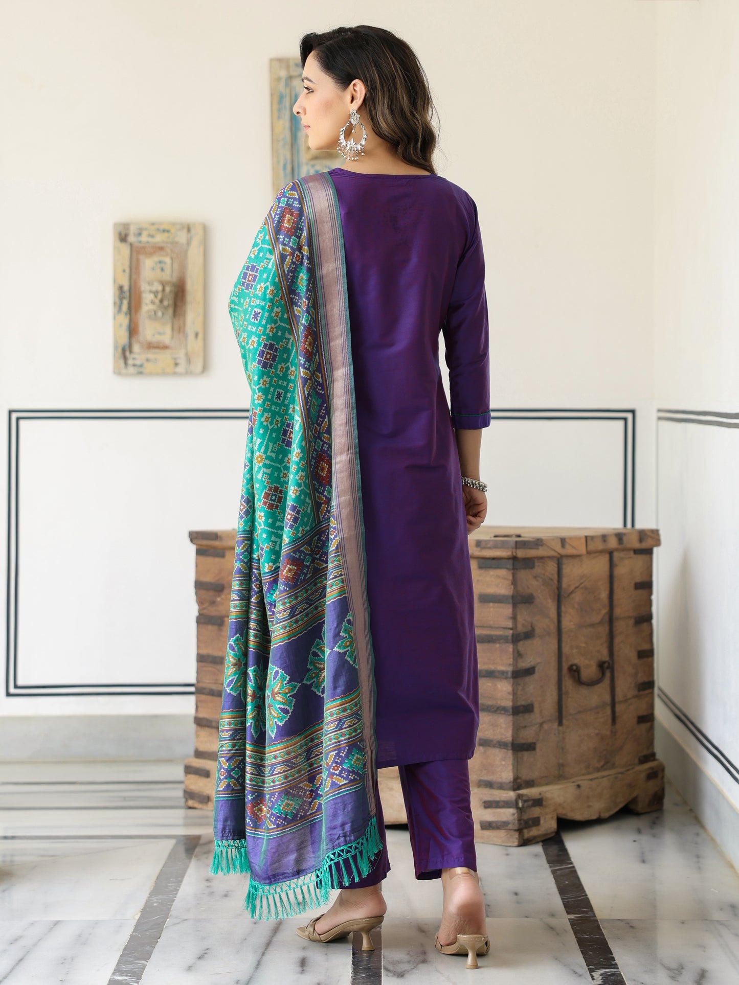 Dual Tone Straight Printed Kurta with Pant & Patola Printed Dupatta - Purple