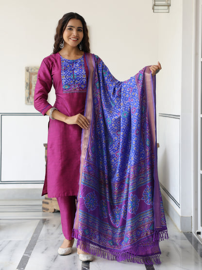 Dual Tone Straight Printed Kurta with Pant & Patola Printed Dupatta - Purple