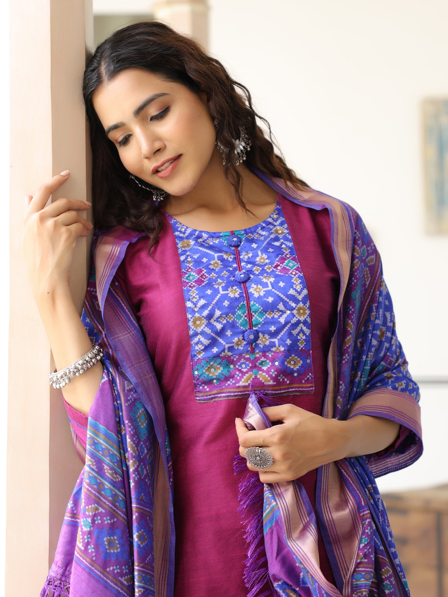 Dual Tone Straight Printed Kurta with Pant & Patola Printed Dupatta - Purple