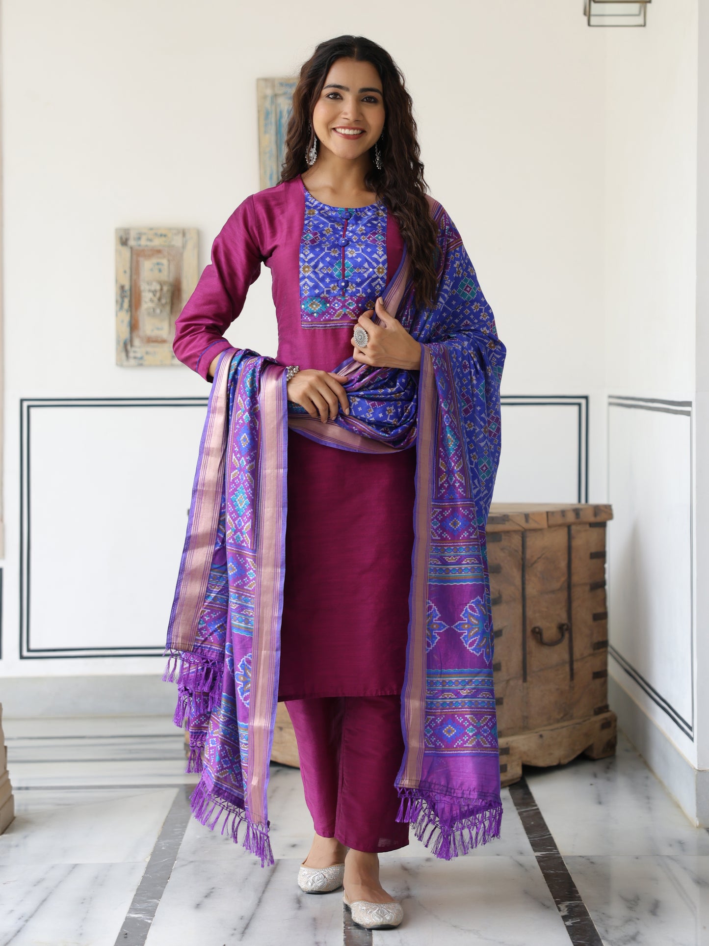 Dual Tone Straight Printed Kurta with Pant & Patola Printed Dupatta - Purple