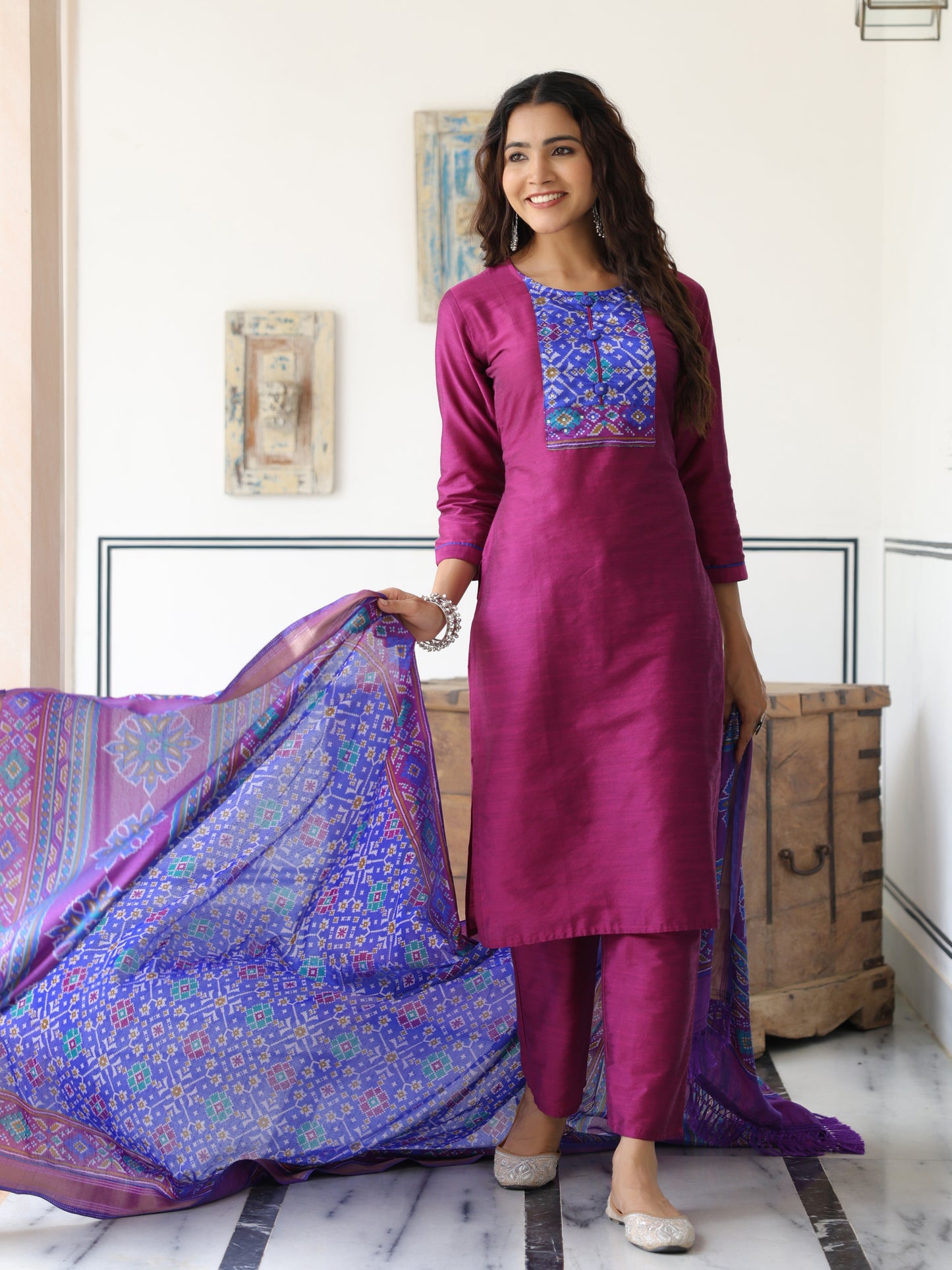 Dual Tone Straight Printed Kurta with Pant & Patola Printed Dupatta - Purple