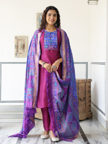 Dual Tone Straight Printed Kurta with Pant & Patola Printed Dupatta - Purple