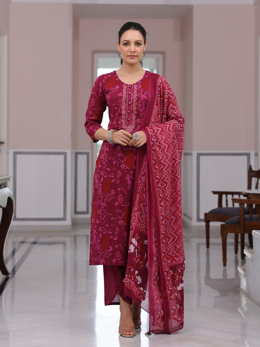 Ethnic Printed & Embroidered Straight Kurta with Pant & Pure Cotton Dupatta - Purple