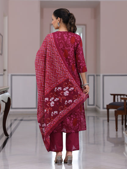 Ethnic Printed & Embroidered Straight Kurta with Pant & Pure Cotton Dupatta - Purple