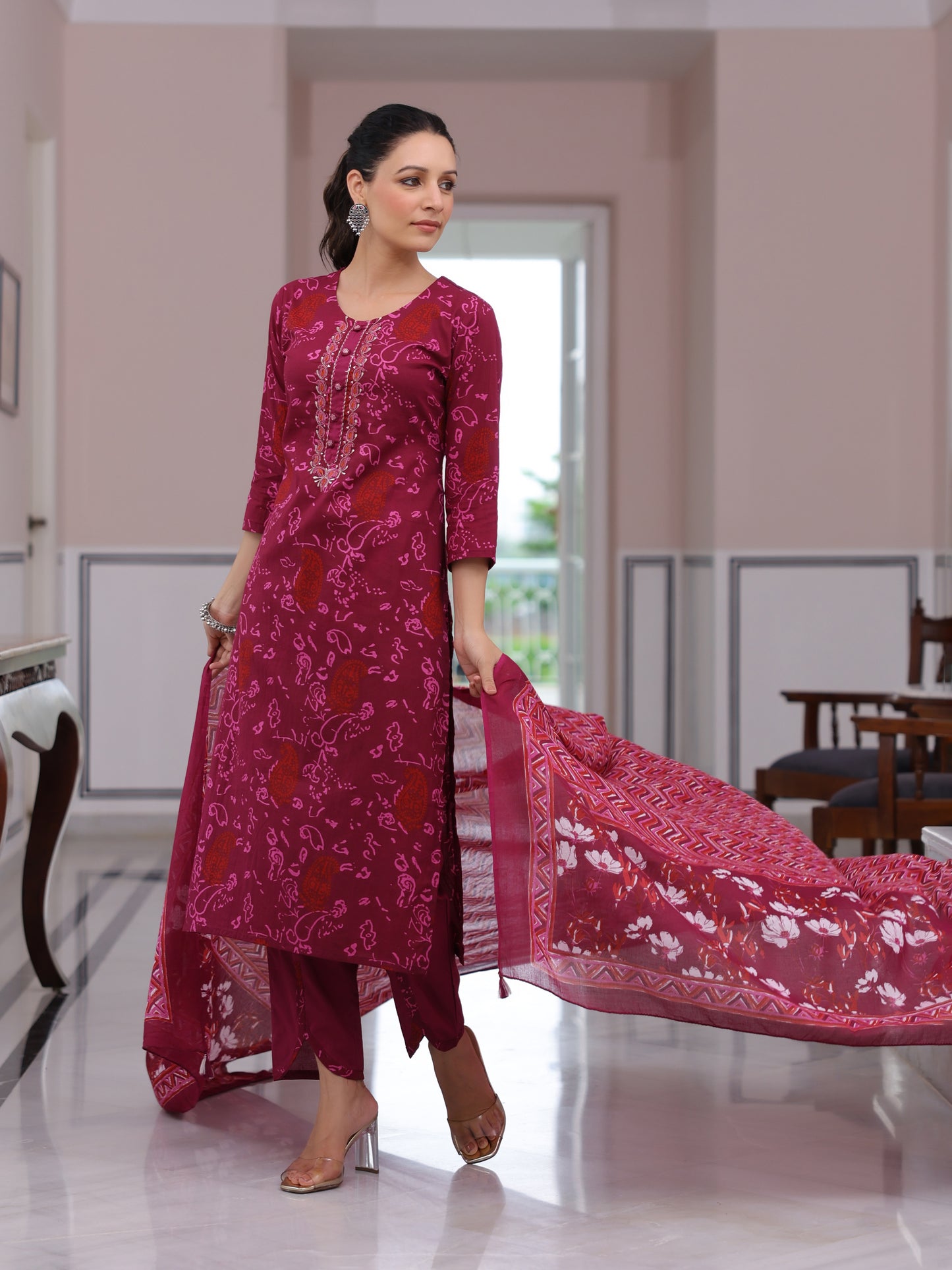 Ethnic Printed & Embroidered Straight Kurta with Pant & Pure Cotton Dupatta - Purple