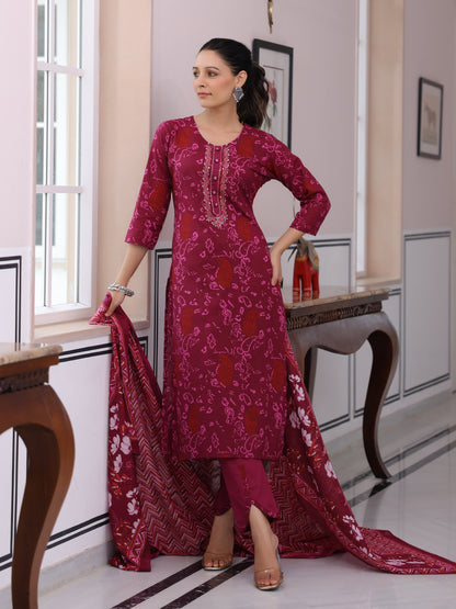 Ethnic Printed & Embroidered Straight Kurta with Pant & Pure Cotton Dupatta - Purple