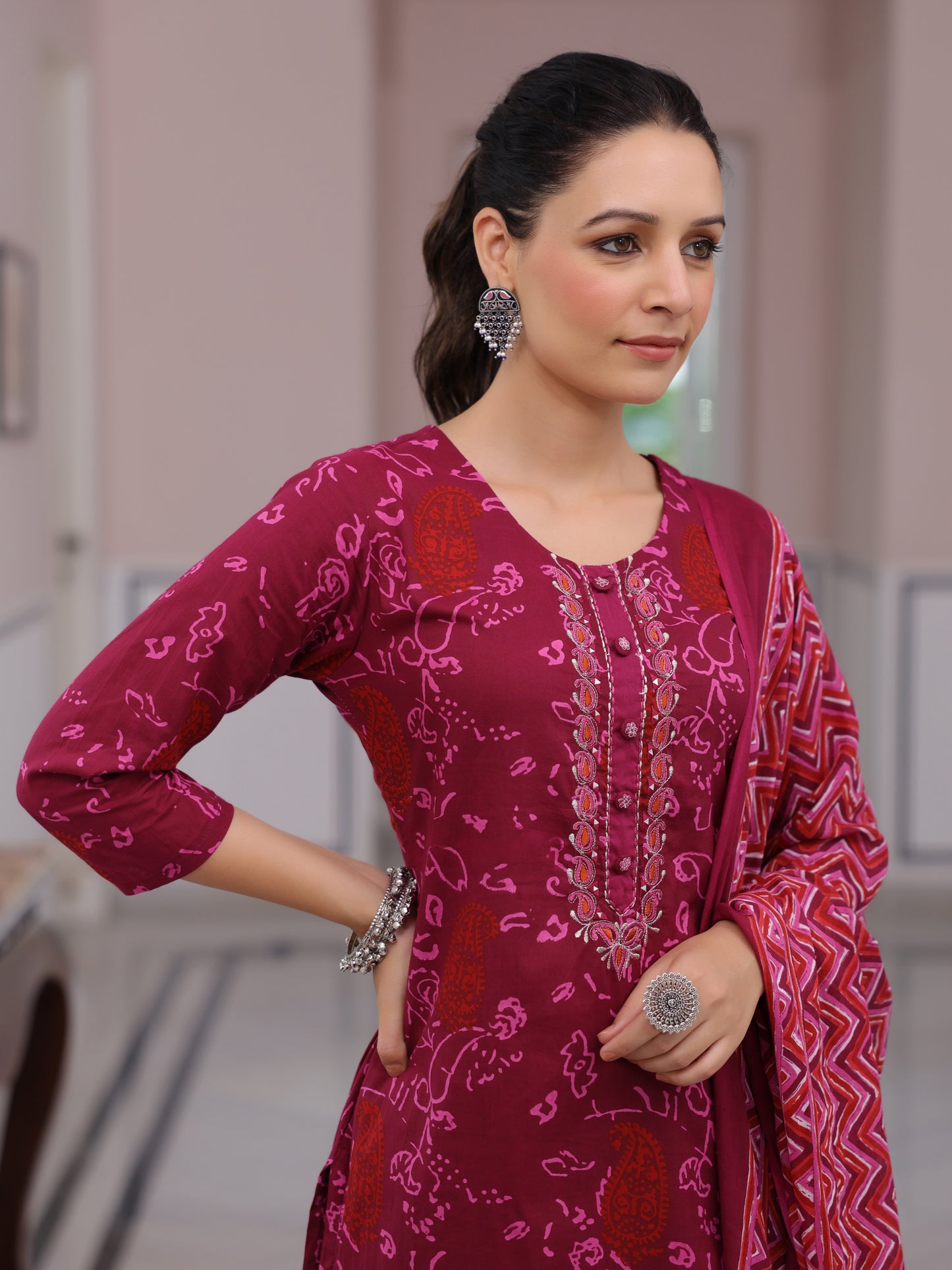 Ethnic Printed & Embroidered Straight Kurta with Pant & Pure Cotton Dupatta - Purple