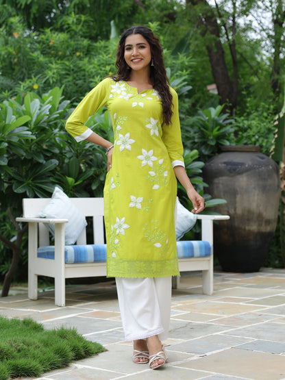 Floral Patchwork Embroidered Straight Fit Kurta - Lime Green