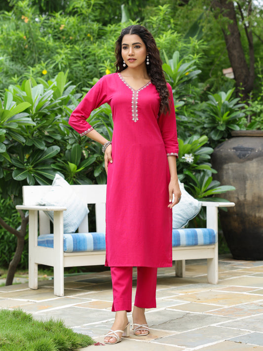 Solid Ethnic Zari Embroidered Straight Fit Kurta with Pant - Purple
