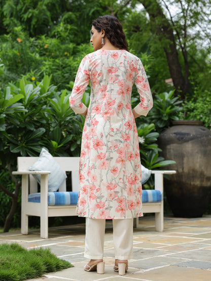 Floral Printed Beads & Crochet Lace Embellished Kurta with Pants - Off White