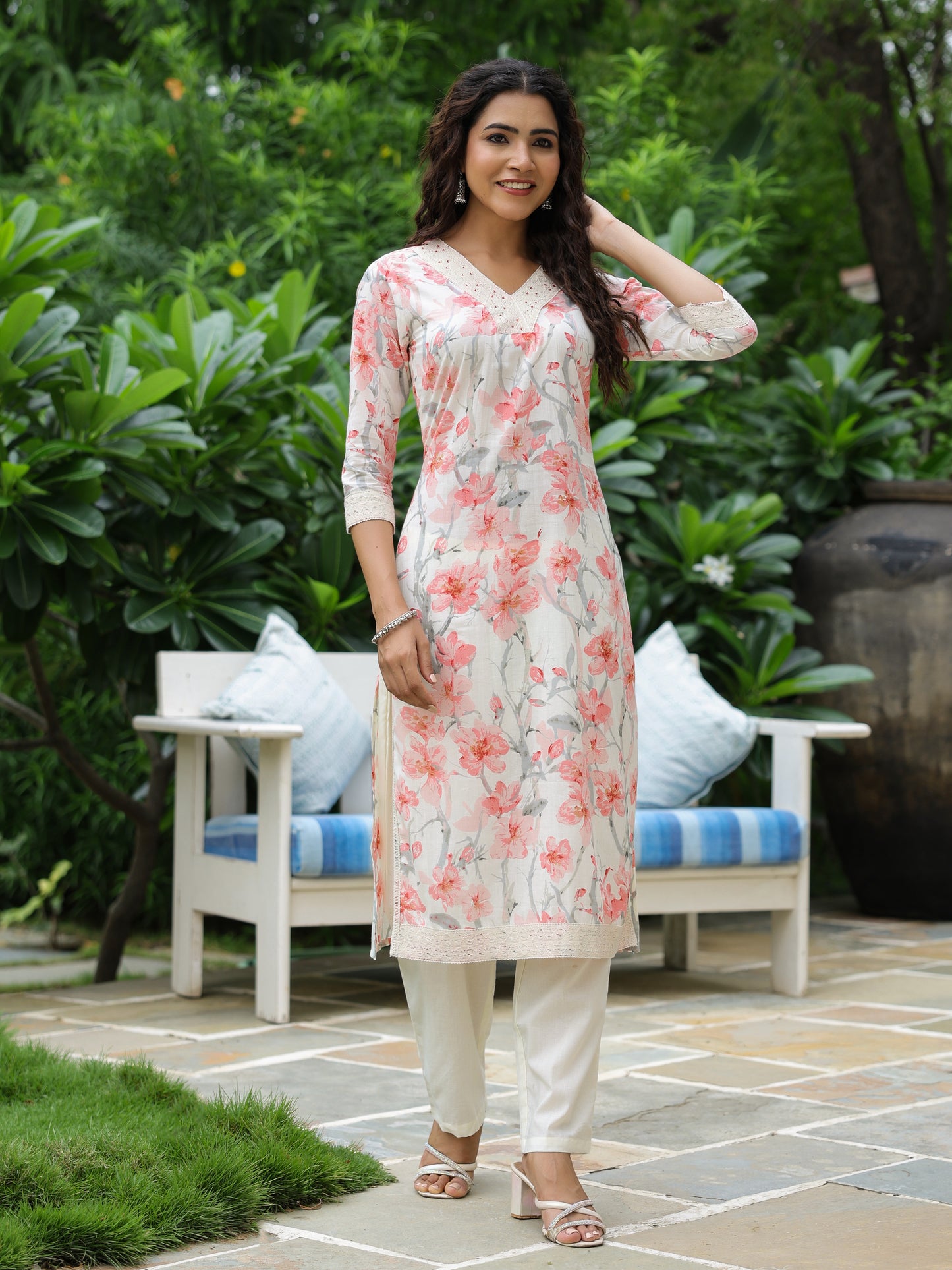 Floral Printed Beads & Crochet Lace Embellished Kurta with Pants - Off White