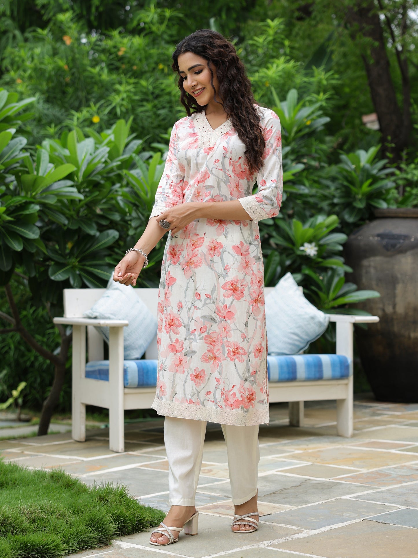 Floral Printed Beads & Crochet Lace Embellished Kurta with Pants - Off White