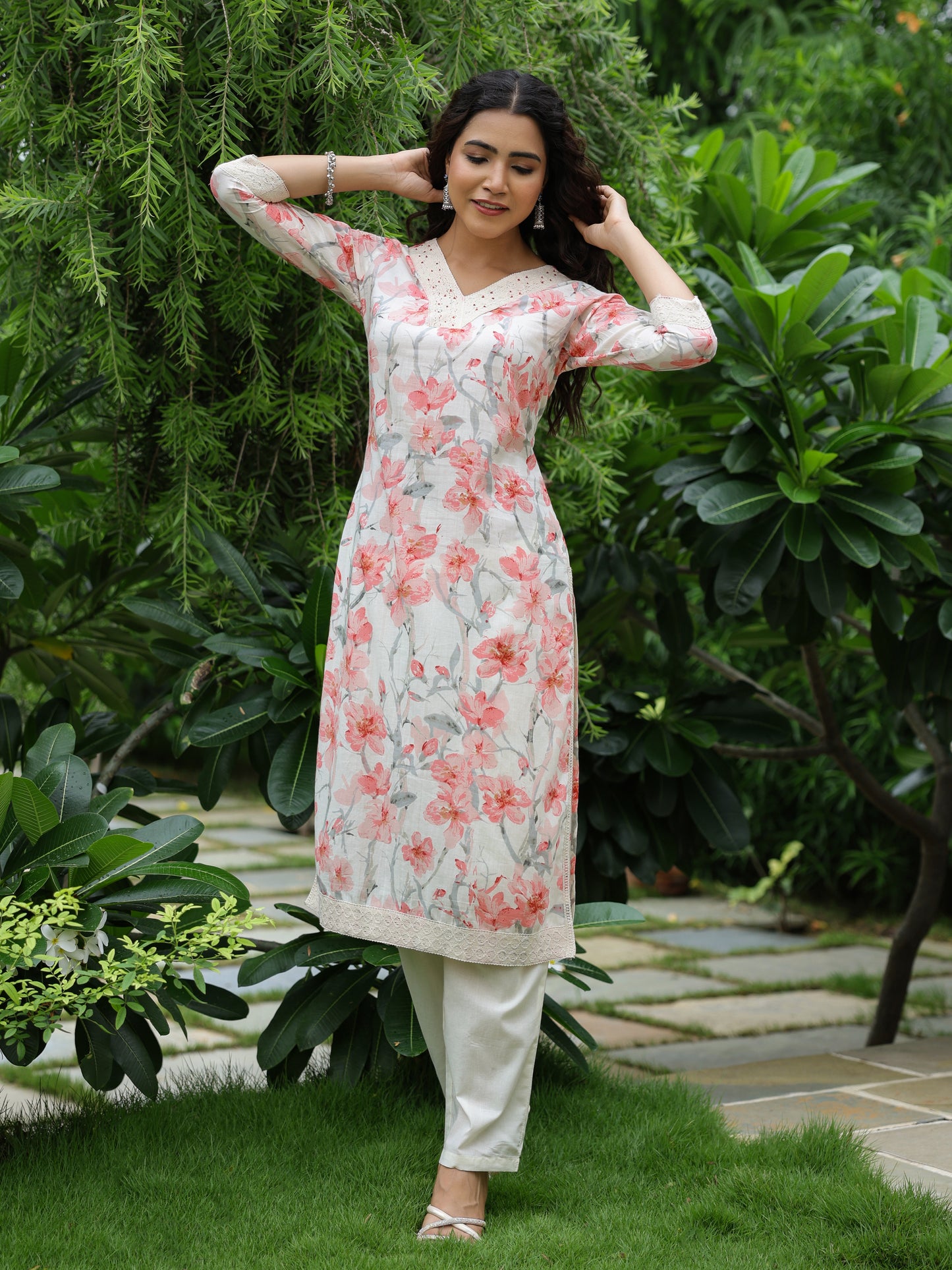 Floral Printed Beads & Crochet Lace Embellished Kurta with Pants - Off White