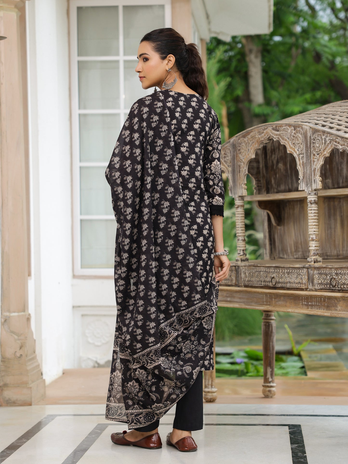 Floral Printed Mirror Embroidered Angrakha Style Kurta with Pants & Dupatta - Black